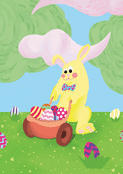 Lapin jaune et &oelig;ufs color&eacute;s de P&acirc;ques